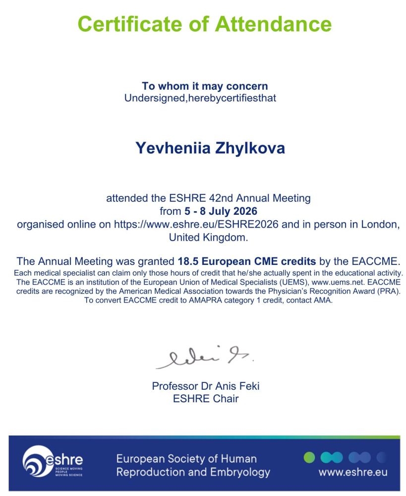 Yevheniia Zhylkova ha partecipato al 42° Congresso annuale della European Society of Human Reproduction and Embryology (ESHRE), tenutosi dal 5 all’8 luglio 2026 a Londra, Regno Unito, in formato ibrido. L’evento è stato accreditato dall’EACCME con l’assegnazione di 18,5 crediti europei CME. Yevheniia Zhylkova ha partecipato al 42° Congresso annuale della European Society of Human Reproduction and Embryology (ESHRE), tenutosi dal 5 all’8 luglio 2026 a Londra, Regno Unito, in formato ibrido. L’evento è stato accreditato dall’EACCME con l’assegnazione di 18,5 crediti europei CME.