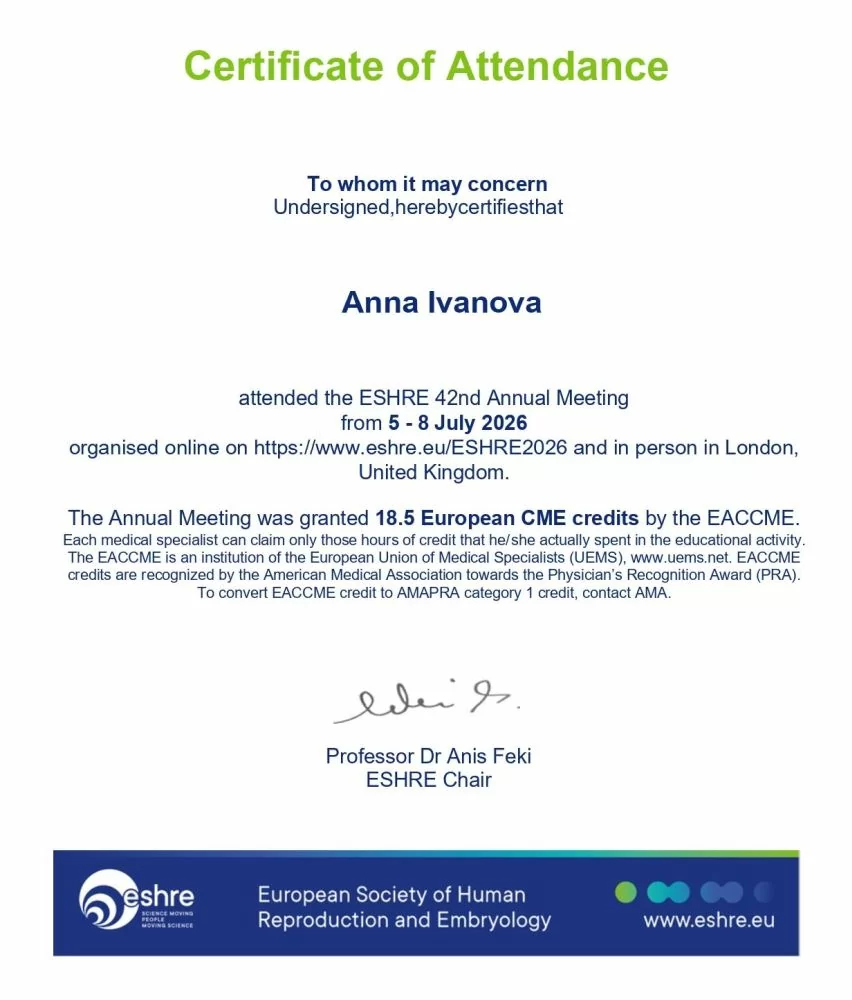 Anna Ivanova ha partecipato al 42° Congresso annuale della European Society of Human Reproduction and Embryology (ESHRE), tenutosi dal 5 all’8 luglio 2026 a Londra, Regno Unito, in formato ibrido. L’evento è stato accreditato dall’EACCME con l’assegnazione di 18,5 crediti europei CME. Anna Ivanova ha partecipato al 42° Congresso annuale della European Society of Human Reproduction and Embryology (ESHRE), tenutosi dal 5 all’8 luglio 2026 a Londra, Regno Unito, in formato ibrido. L’evento è stato accreditato dall’EACCME con l’assegnazione di 18,5 crediti europei CME.