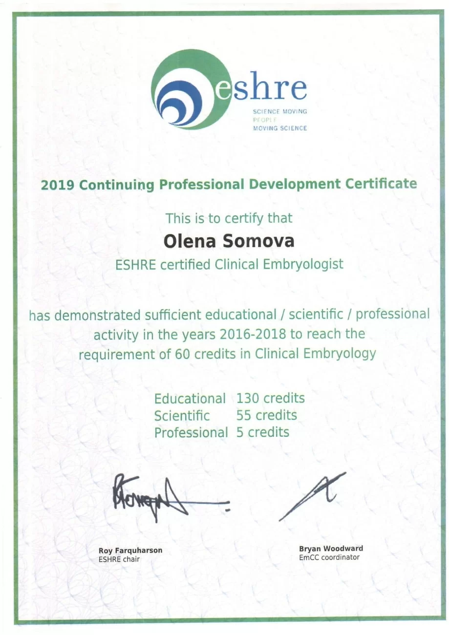 Certificato 2019 di Embriologo Clinico presso ESHRE Certificato 2019 di Embriologo Clinico presso ESHRE