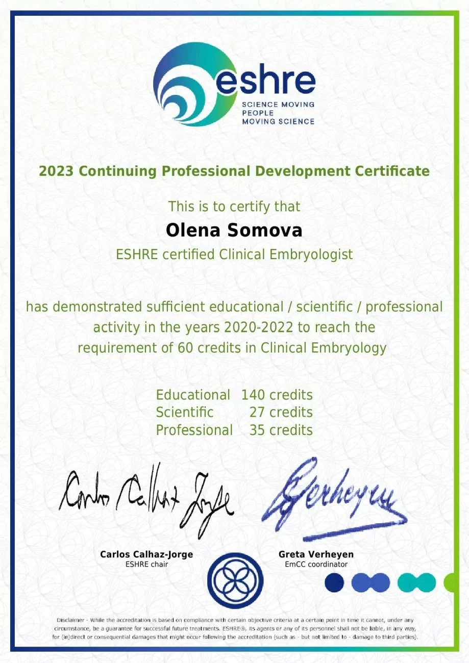 Certificato 2023 di Embriologo Clinico presso l'ESHRE Certificato 2023 di Embriologo Clinico presso l'ESHRE
