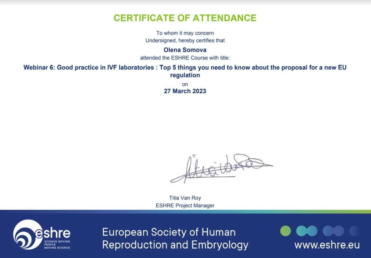 Certificato di partecipazione al corso ESHRE: Webinar sul lavoro di successo nei laboratori IVF Certificato di partecipazione al corso ESHRE: Webinar sul lavoro di successo nei laboratori IVF
